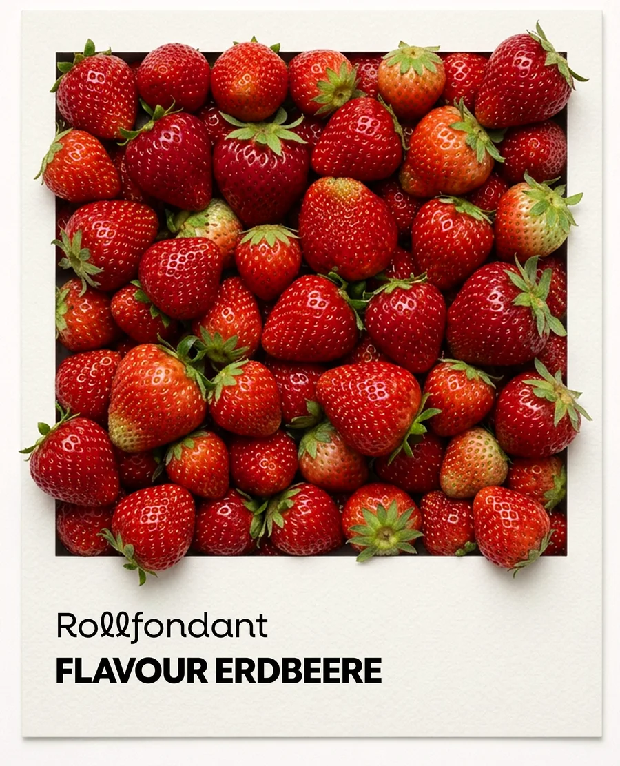Rollfondant Flavour Erdbeere — Pantone-Karte mit frischen Erdbeeren (KI-generiertes Bild)