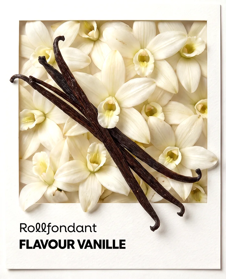 Rollfondant Flavour Vanille — Pantone-Karte mit Vanilleblüten (KI-generiertes Bild)