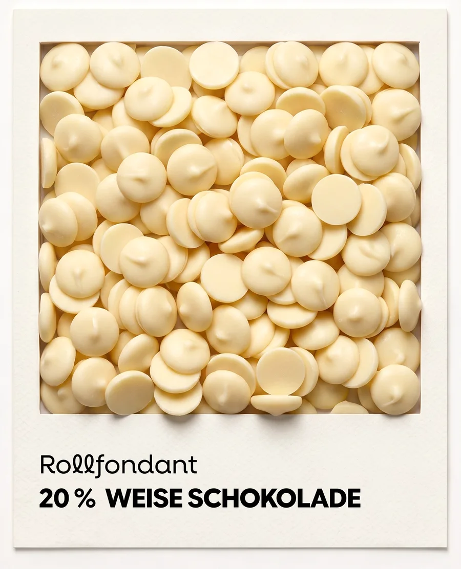 Rollfondant mit 20 % weißer Schokolade — Pantone-Karte mit weißen Schokodrops (KI-generiertes Bild)